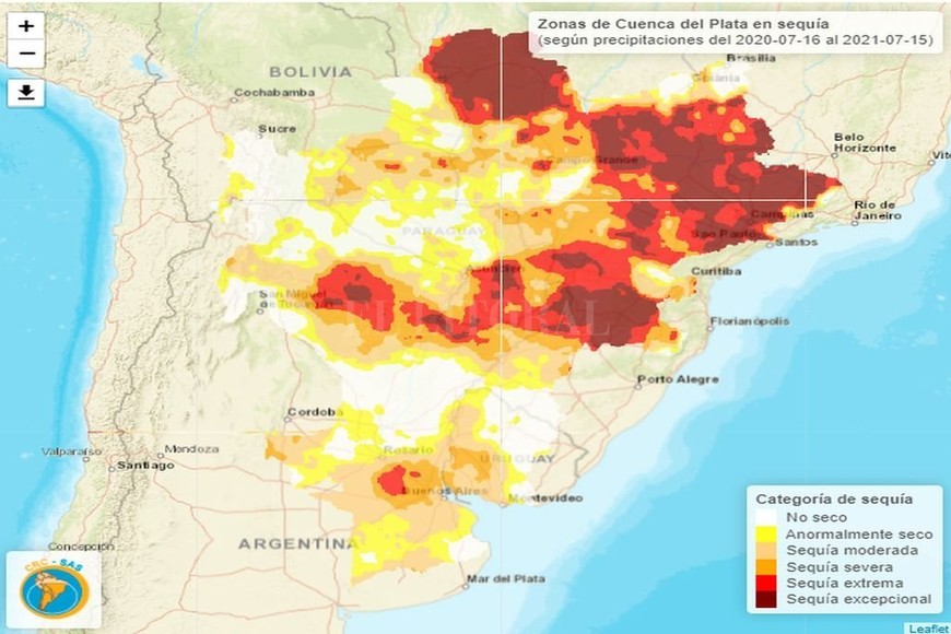 ELLITORAL_392180 |  Gentileza Sistema de Información sobre Sequías para el sur de Sudamérica La imagen resalta el déficit de precipitaciones de los últimos 12 meses, respecto de la media en la Cuenca del Plata.