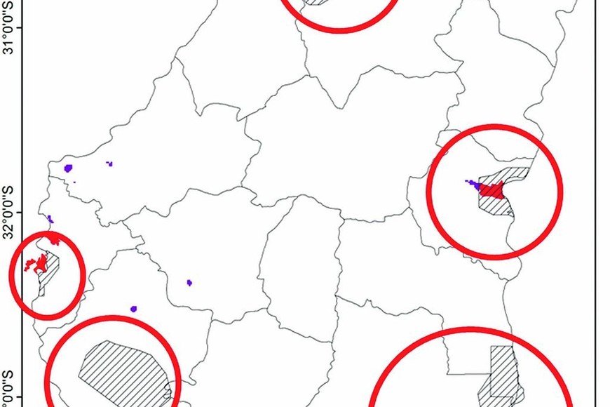ELLITORAL_264502 |  Gentileza Instituto Nacional de Limnología .Este mapa de Entre Ríos muestra las áreas importantes para la conservación de las aves (Aicas). Detalla en rojo los Parques Nacionales y en violeta las áreas que están protegidas por la Provincia.