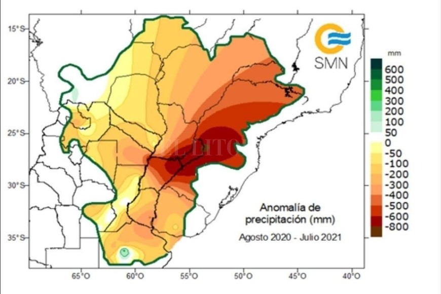 ELLITORAL_408211 |  https://www.smn.gob.ar/energia_precipitacion Figura 1: mapa de anomalía de precipitación (mm) agosto 2020 - julio 2021 elaborado por el Servicio Meteorológico Nacional de Argentina (SMN-AR).