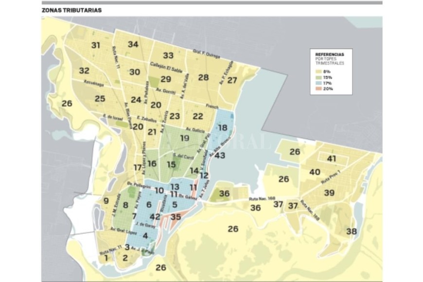 ELLITORAL_418381 |  El Litoral Zonas Inmobiliarias y topes de subas trimestral. Las amarillas son las más  baratas  (respecto del valor del metro cuadrado y la disponibilidad de servicios básicos). Siguen las verdes y celestes, y el área en rojo muestra las zonas más  caras .