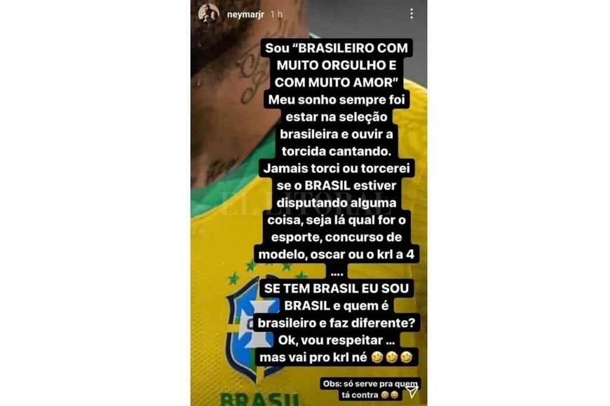 ELLITORAL_389045 |  Gentileza La estrella del seleccionado de Tite estalló en su cuenta de Instagram contra los hinchas brasileros que apoyan a Argentina
