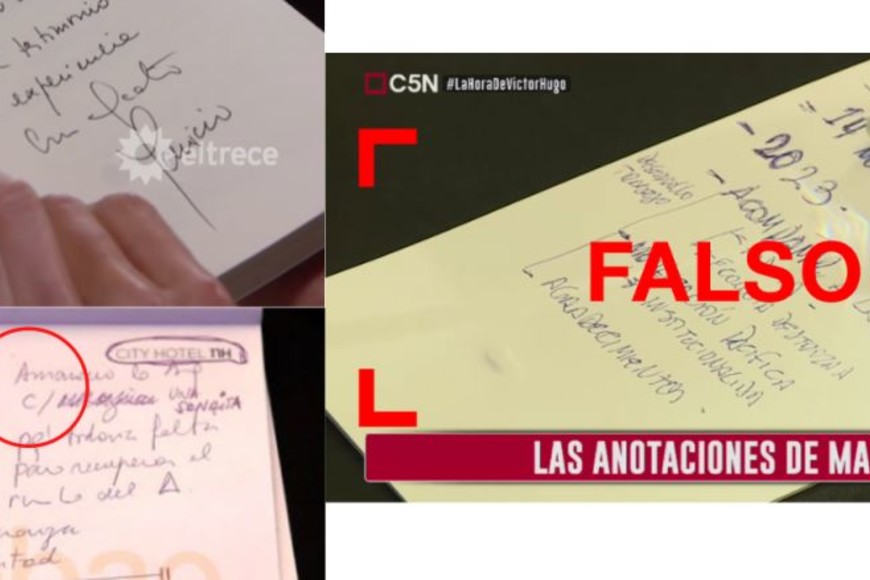 ELLITORAL_405961 |   A la izquierda, la letra de Macri en la dedicatoria a Juana Viale y en la foto de Maximiliano Luna (Infobae); a la derecha la foto falsamente atribuida a Macri.