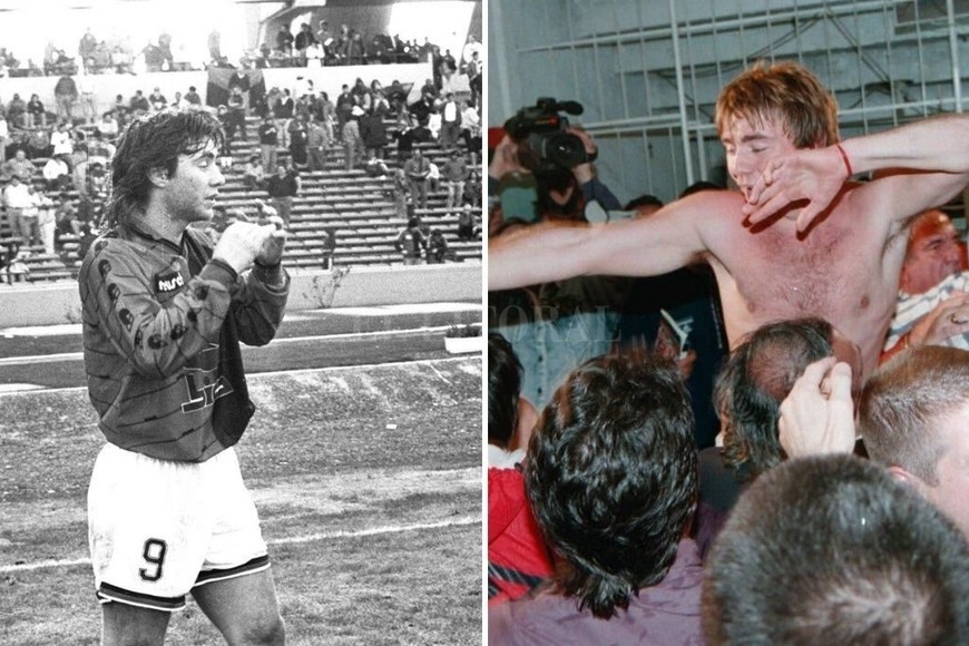 ELLITORAL_327972 |  Alejandro Villar / Archivo El Litoral La tristeza y la alegría, los dos extremos de la vida, en dos imágenes. Una es en Córdoba, el día de la increíble derrota por penales ante Banfield. La otra es en el vestuario de Colón, levantado en andas la tarde del ascenso ante los tucumanos. Las dos postales del ídolo.