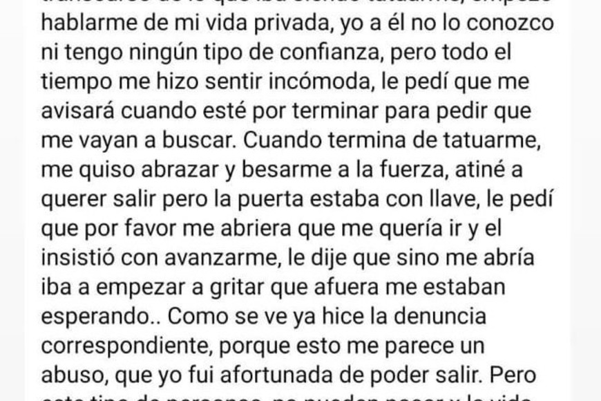 ELLITORAL_433800 |  Captura de pantalla Celeste tiene 18 años, y relató en sus redes lo ocurrido y publicó fotos de la denuncia que radicó contra el tatuador y policía F.O.