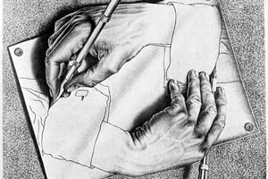 ELLITORAL_444865 |  Manos dibujando, de M. C. Escher. Archivo La naturaleza dialéctica de la composición escrita reside en el conflicto que enfrenta el escritor entre las limitaciones del propio saber y la necesidad de lograr un texto explicativo.