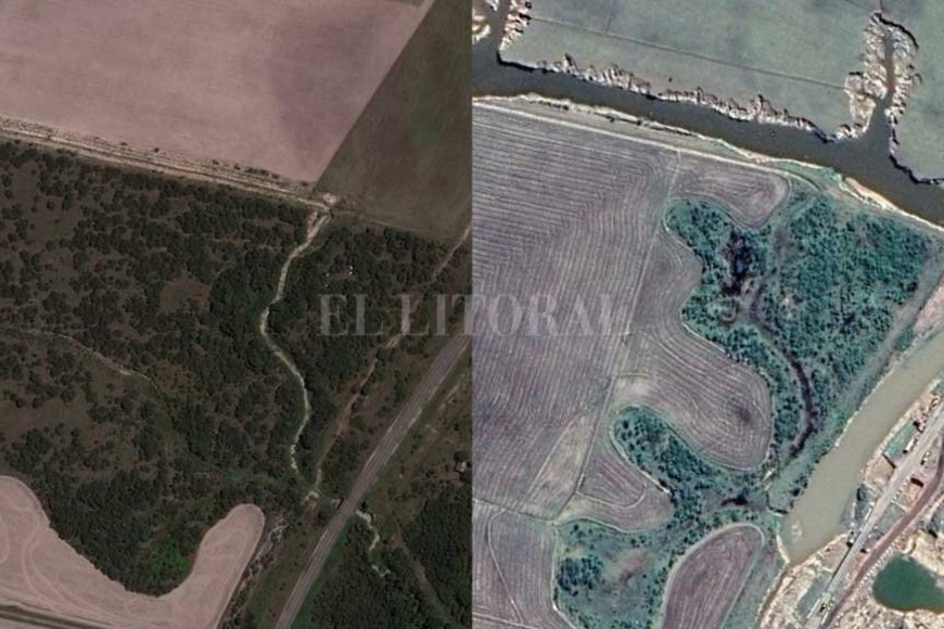 ELLITORAL_445754 |  Archivo El Litoral Imágenes satelitales del campo, tomadas en 2010 y 2019 (tras la inundación), en las que se observa el avance sobre el valle del arroyo y los cambios realizados en el terreno.