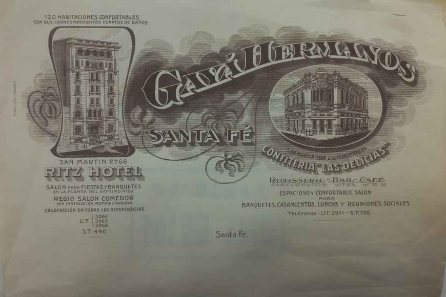 ELLITORAL_450948 |  Gentileza Tarjeta de época de Gayá Hermanos Santa Fe, con los servicios del Hotel Ritz y Confitería Las Delicias.