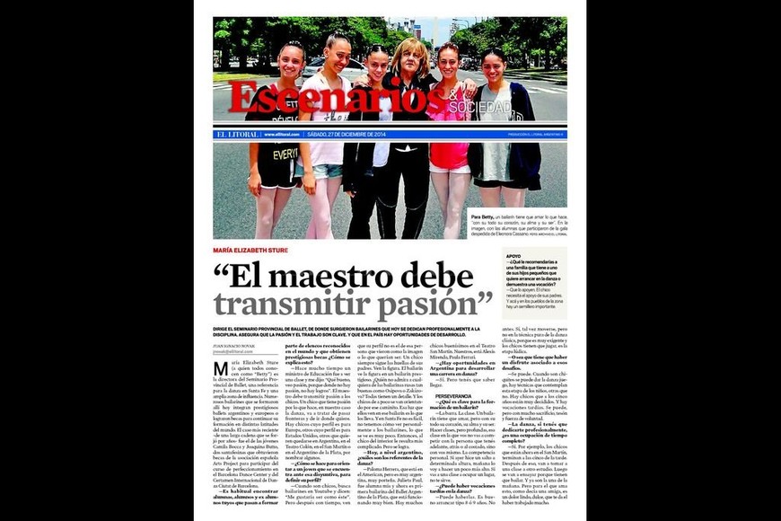 ELLITORAL_453146 |  Gentileza organizadores Una tapa del suplemento Escenarios & Sociedad de El Litoral dedicada a Betty y sus alumnas en 2014.
