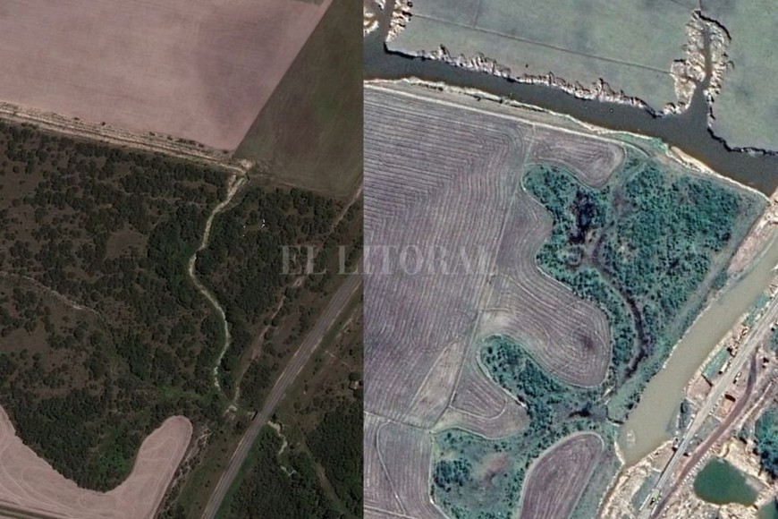 ELLITORAL_456932 |  Archivo Imágenes satelitales del campo, tomadas en 2010 y 2019 (tras la inundación), en las que se observa el avance sobre el valle del arroyo y los cambios realizados en el terreno