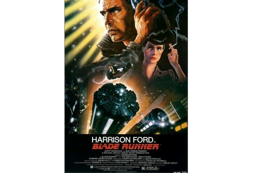 Cartel publicitario del filme "Blade Runner" (con Harrison Ford), que contó con banda sonora de Vangelis.