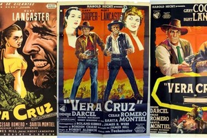Afiche de la película "Veracruz" (1954), de Robert Aldrich, con Gary Cooper, Burt Lancaster y Sarita Montiel. El reparto incluía, entre otros, a Ernest Borgnine, Denise Darcel, Cesar Romero (célebre "Guasón") y Charles Bronson. Crédito: Gentileza