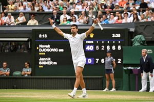 Tennis - Wimbledon - All England Lawn Tennis and Croquet Club, London, Britain - July 5, 2022  
Serbia's Novak Djokovic celebrates winning his quarter final match against Italy's Jannik Sinner REUTERS/Toby Melville     TPX IMAGES OF THE DAY