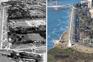 La comparación de la costanera y sus zonas aledañas, casi 100 después.  Crédito: Archivo El Litoral - Fernando Nicola (drone)