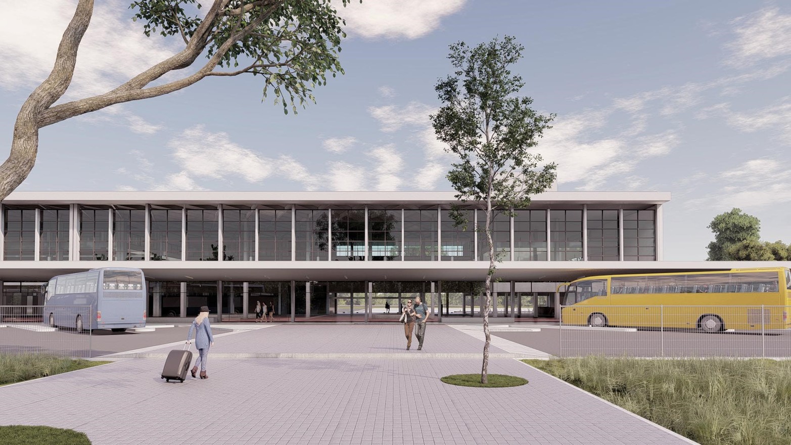 Vista desde el Predio Ferial hacía las plataformas. En el entorno, se ejecutarán nuevas veredas sobre calle Belgrano y mejoras en plazoleta "Hermanamiento Santa Fe-Cuneo/Piamonte", de modo de potenciar las condiciones de acceso al edificio. De igual manera, se recupera la conectividad peatonal con el parque del ex Predio Ferial, donde actualmente se ubican varias oficinas públicas.