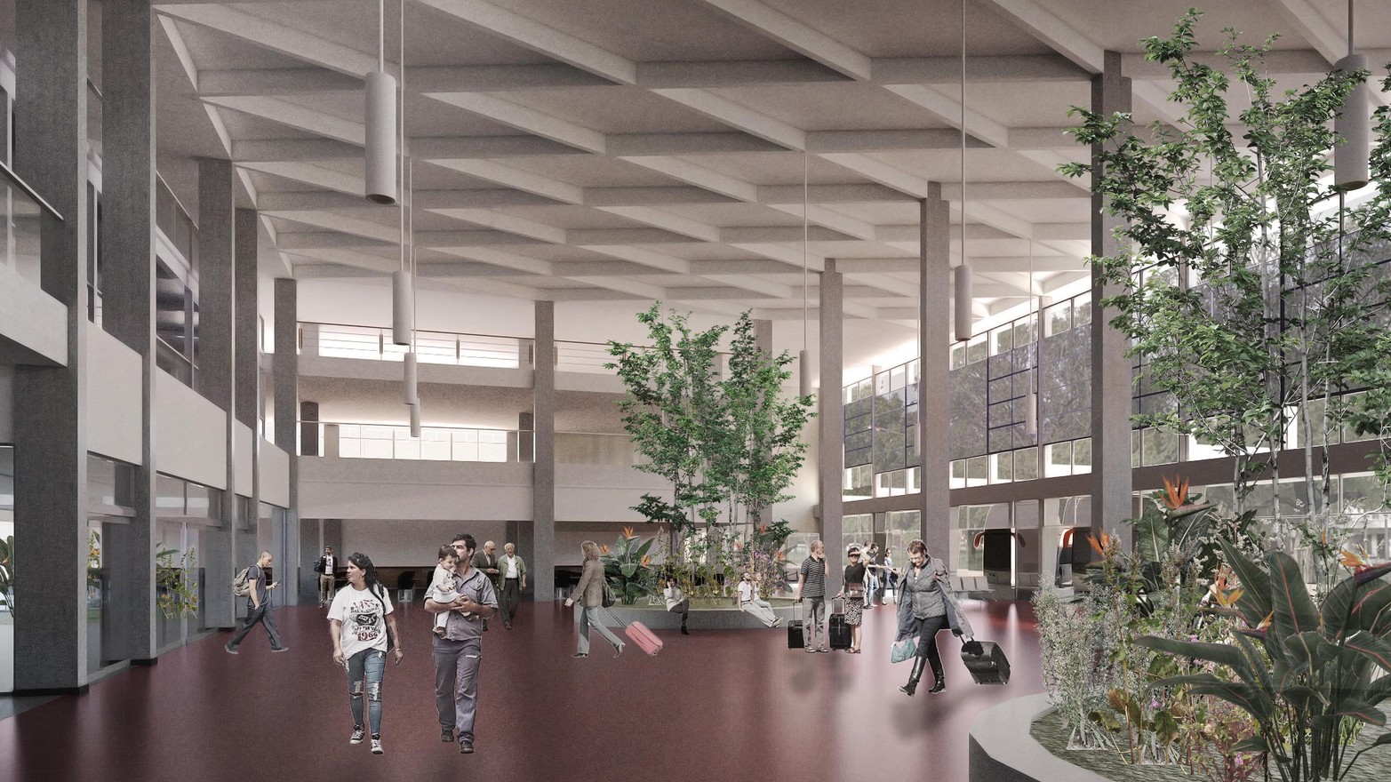 Hall central, render de cómo quedaría. En el interior de la terminal, los trabajos plantean recuperar espacios en halls y áreas de circulación, de modo de preparar el inmueble para la modernización y el reequipamiento, que incluye mejora de servicios e incorporación de nuevos sistemas de venta. 