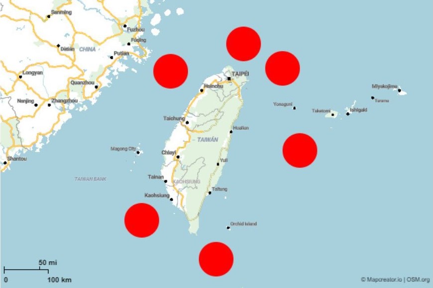 Las regiones afectadas por las maniobras militares, sobrepasando el estrecho de Taiwán y dentro de su territorio marítimo. Crédito: El Litoral