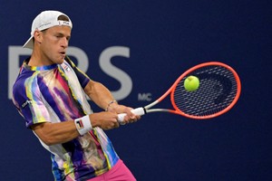 Aug 9, 2022; Montreal, QC, Canada; Diego Schwartzman (ARG) hits a backhand against Alejandro Davidovich Fokina (ESP) (not pictured) in first round play in the National Bank Open at IGA Stadium. Mandatory Credit: Eric Bolte-USA TODAY Sports