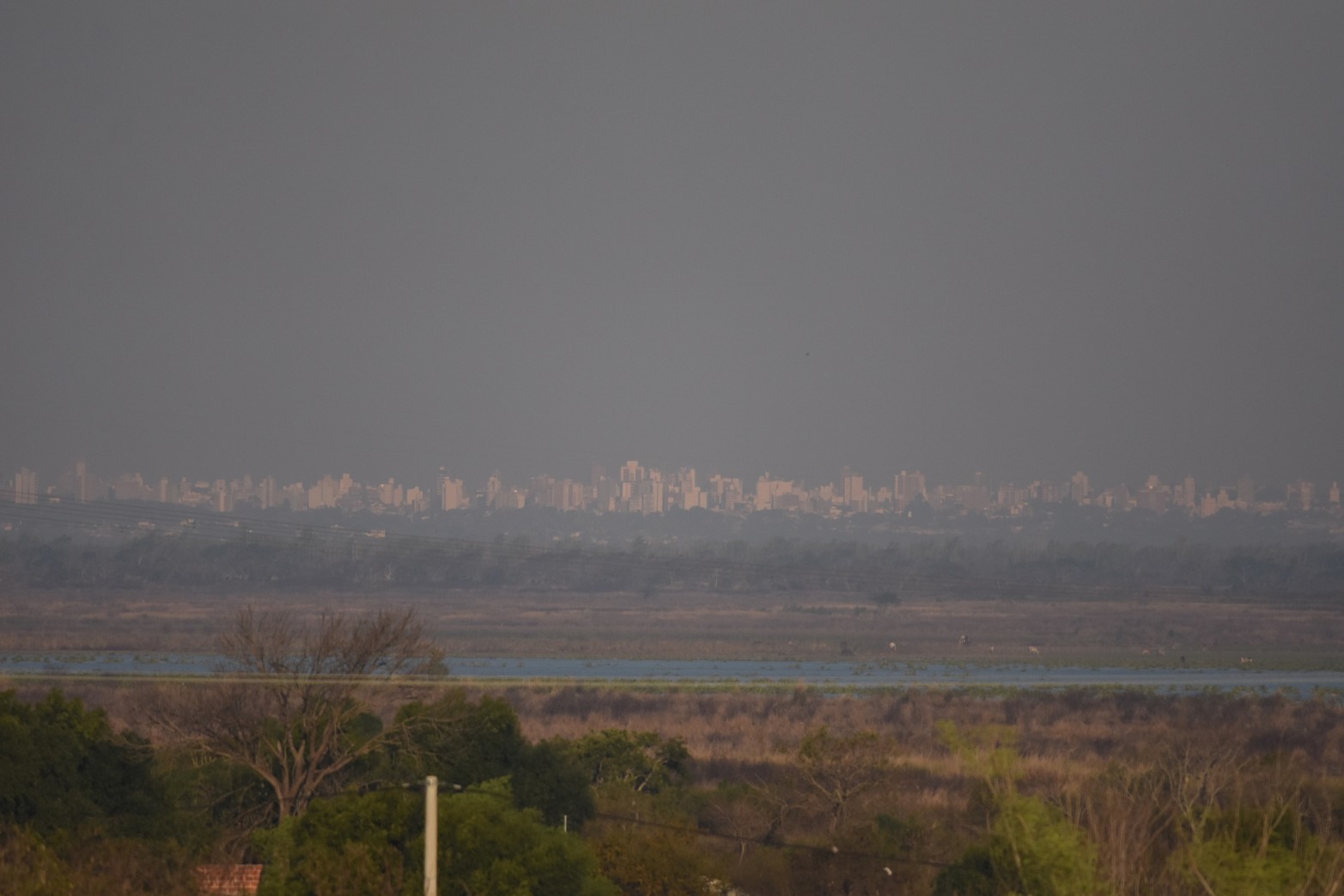 Quema de pastizales, con la ciudad de Paraná de fondo.
