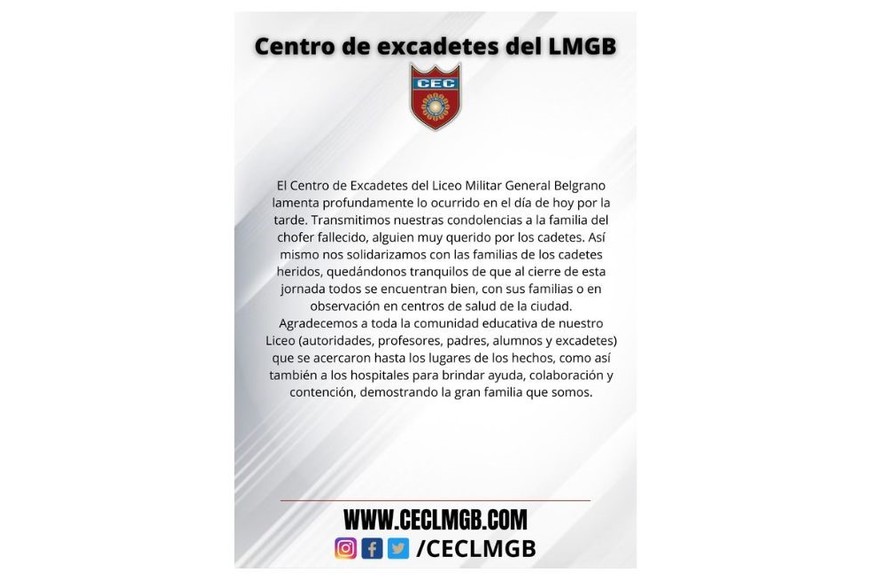 Por su parte, el Centro de Excadetes del Liceo Militar General Belgrano -también a través de un comunicado- lamentó “profundamente” lo ocurrido