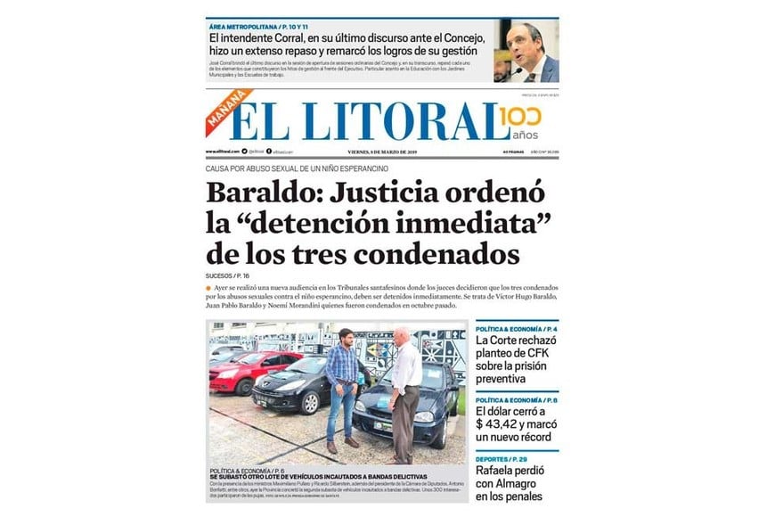CASO RESONANTE. Esta fue la tapa de El Litoral del 8 de marzo de 2019. Días más tarde, falleció en prisión Víctor Hugo Baraldo, el abuelo.