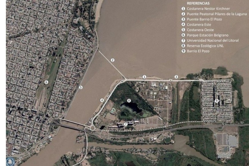 El cuadro muestra las referencias del Paseo de la Laguna, con la nueva Costanera Néstor Kirchner (Punto 1) y lo que será el Puente Peatonal Pilares de la Laguna (Punto 2).
