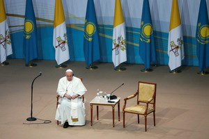 Pope Francis attends a meeting with local authorities, civil society and diplomatic corps representatives in Nur-Sultan, Kazakhstan, September 13, 2022. REUTERS/Pavel Mikheyev