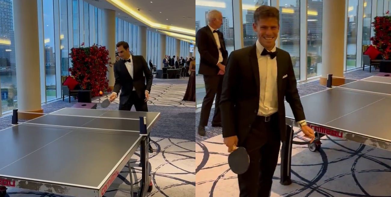 A un día del retiro y en traje, Roger Federer jugó al ping pong con el “Peque” Schwartzman