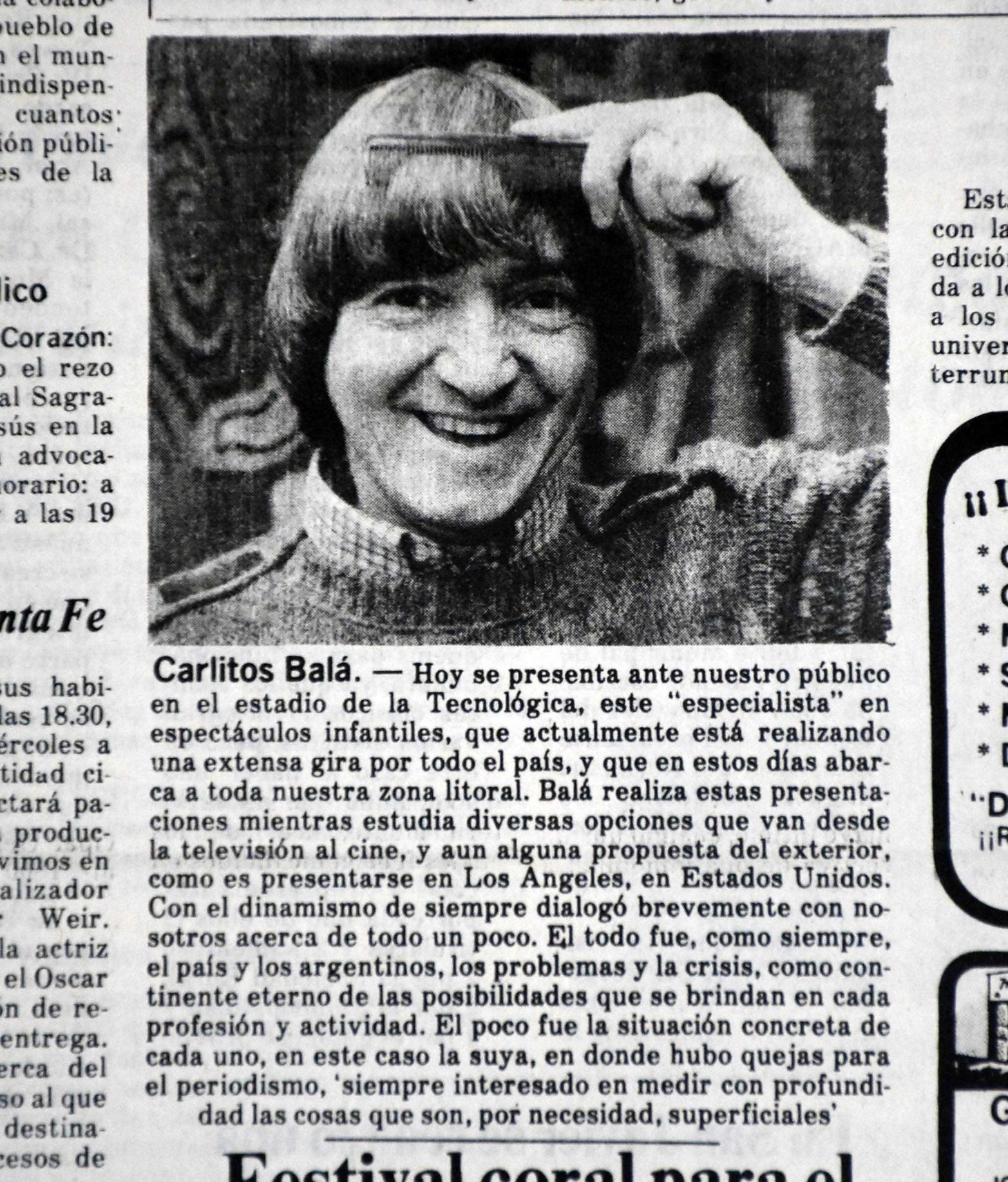 Una de las tantas visitas de Carlitos Bala a Santa Fe reflejada en las páginas de El Litoral. El recorte es del 3 de junio de 1984.