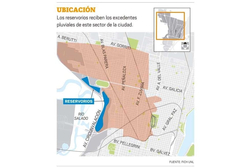El mapa que muestra los barrios que envían sus excedentes a los reservorios.