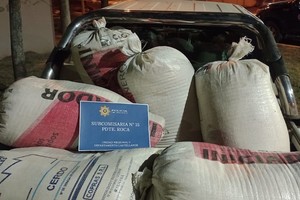 Personal policial secuestró 14 bolsas de arpillera de aproximadamente 25 kg de maíz cada una, las cuales estaban siendo sustraídas de un establecimiento rural. Crédito: El Litoral.