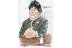En 2021 el líder boliviano Evo Morales estuvo en el aeropuerto de Sauce Viejo para luego dirigirse a Rosario. Ahora el ex presidente extranjero participará de la Feria del Libro Nacional y Popular.  Ilustración: Lucas Cejas