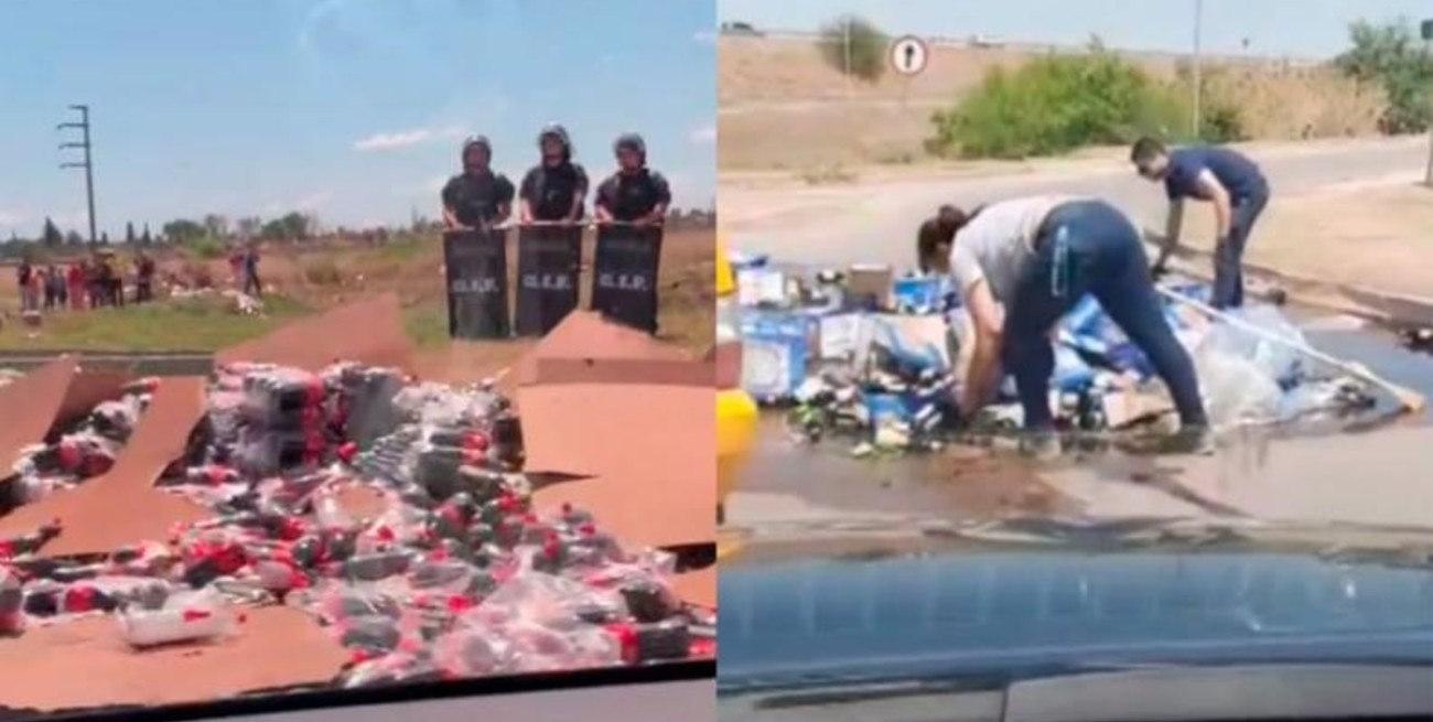 Sólo en Córdoba: un cargamento de fernet y uno de Coca fueron volcados en la misma rotonda