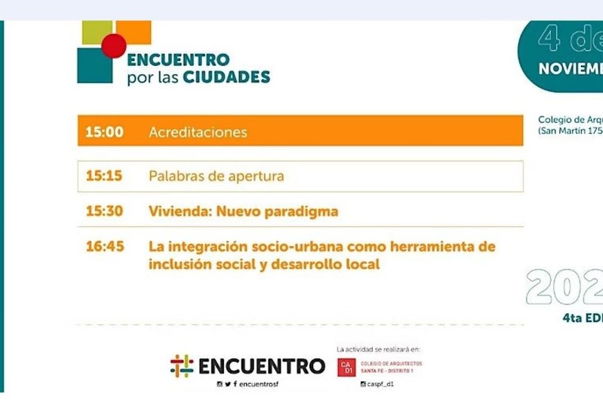 El espacio Encuentro invita a participar del cuarto Encuentro por las Ciudades que se desarrollará el 4 de noviembre en la sede del Colegio de Arquitectos (San Martín 1754). 