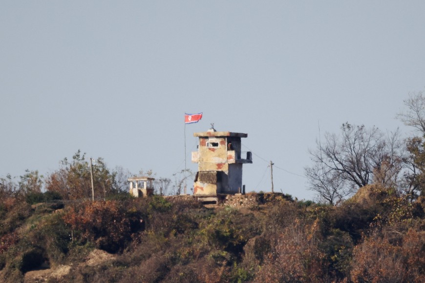 A North Korean guard post is seen in this picture taken near the demilitarized zone separating the two Koreas, in Paju, South Korea, November 4, 2022.    REUTERS/Kim Hong-Ji