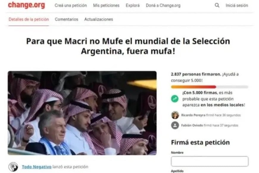 El pedido de firmas para que Macri no vaya a los partidos.