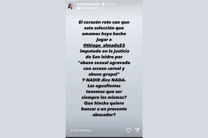El fuerte descargo de Thelma Fardin contra Thiago Almada.