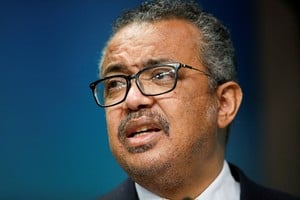 FILE PHOTO: World Health Organization Tedros Adhanom Ghebreyesus gives a statement on the coronavirus disease (COVID-19) vaccination, during a European Union - African Union summit, in Brussels, Belgium February 18, 2022. REUTERS/Johanna Geron/Pool/File Photo