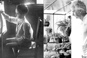 A la izquierda: Ocampo, niño, frente al atril y la tela a pintar (Archivo El Litoral); a la derecha, el pintor junto al invernáculo de su atelier en los 80.  Crédito: Gustavo J. Vittori.