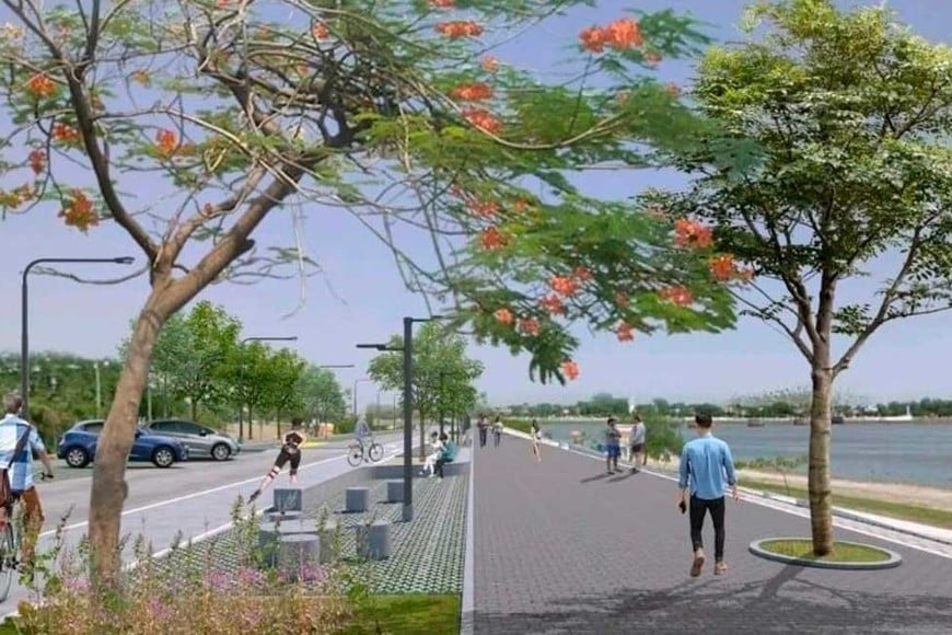 La nueva costanera tendrá una calzada única de 7 metros de ancho con doble sentido de circulación, dársenas de estacionamiento para vehículos, motos y bicicleteros.