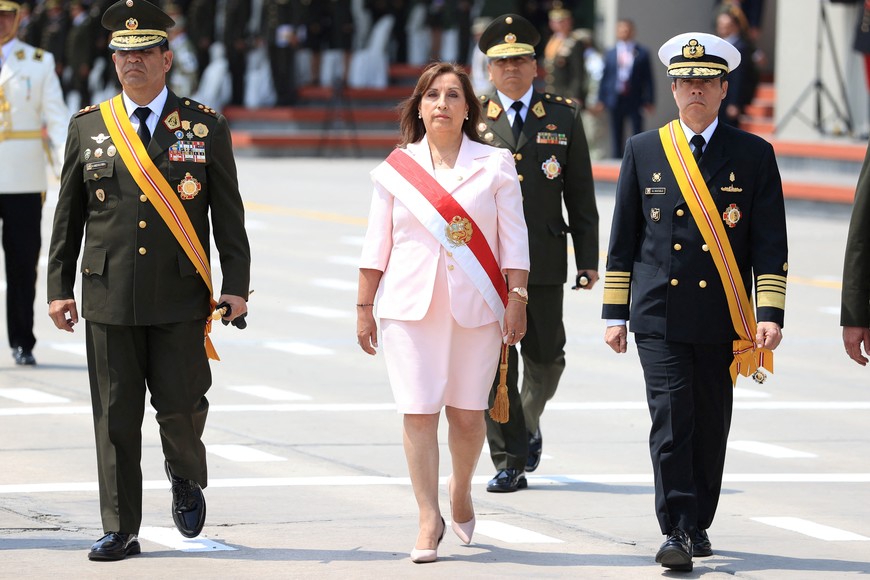 Peru's President Dina Boluarte attends a ceremony to commemorate the Day of the Peruvian Army and the anniversary of the Battle of Ayacucho, in Lima, Peru December 9, 2022. Peru's Presidency/Handout via REUTERS ATTENTION EDITORS - THIS IMAGE WAS PROVIDED BY A THIRD PARTY. NO RESALES. NO ARCHIVES'