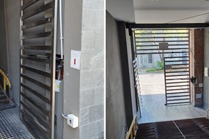 Los delincuentes directamente arrancaron una de las hojas del portón automático del edificio de Obispo Gelabert 2845.