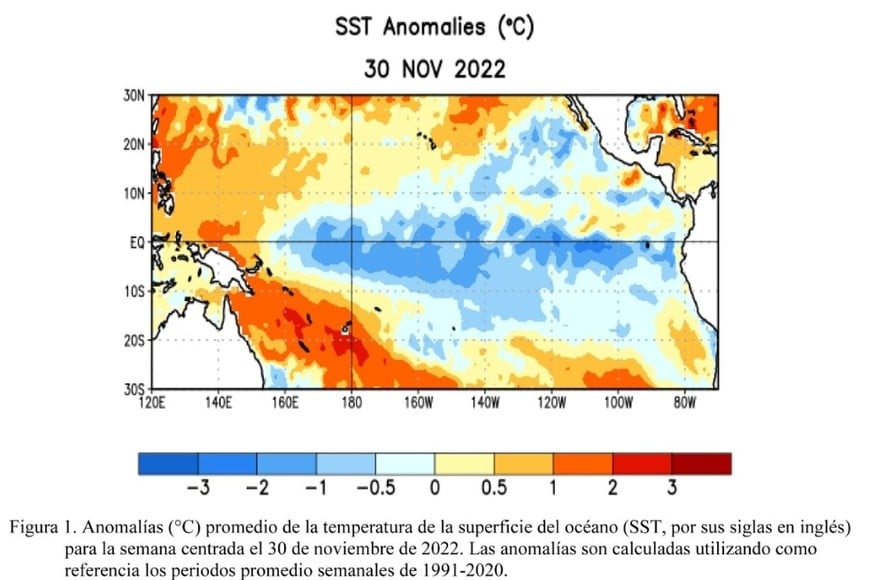 Anomalías promedio de la superficie de la temperatura del océano Pacífico.