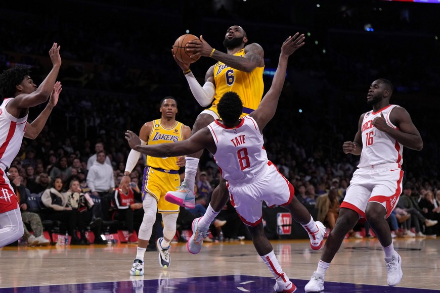 Jan 16, 2023; Los Angeles, California, USA; Los Angeles Lakers forward LeBron James (6) shoots the ball against the Houston Rockets in the second half at Crypto.com Arena. Mandatory Credit: Kirby Lee-USA TODAY Sports