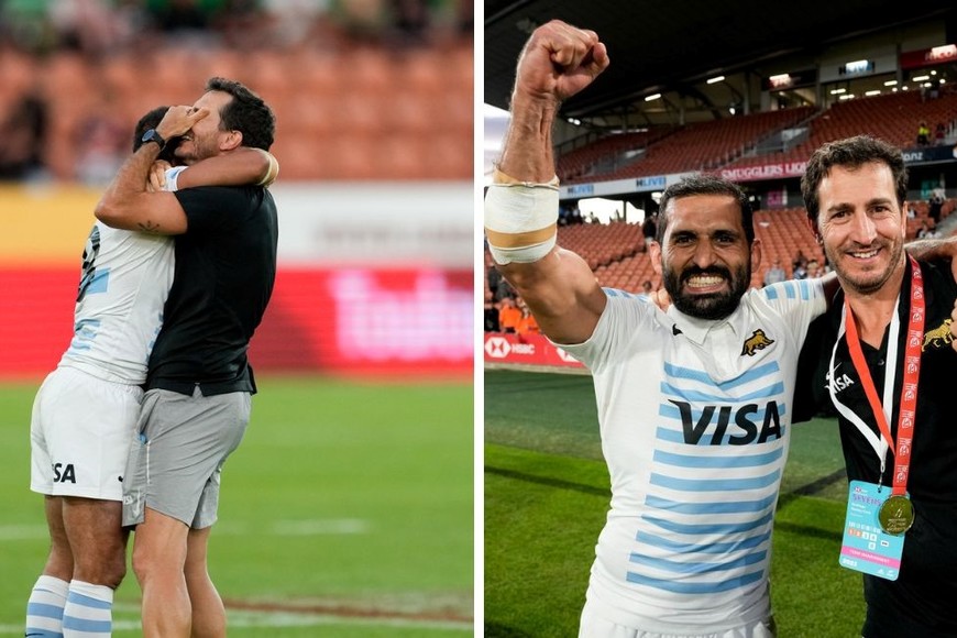 Se terminó el partido entre Argentina y Nueva Zelanda en Hamilton. Argentina campeón. El abrazo entre Gastón revol y Santiago Gómez Cora, lo dice todo. Crédito: Prensa UAR / Gaspafotos.