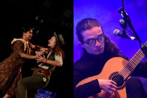 Pareja de baile Anabella Sequeira y Emiliano Schneider, del Pre Cosquín Esperanza, y guitarrista Agustín Sánchez, del Pre Cosquín Santo Tomé.