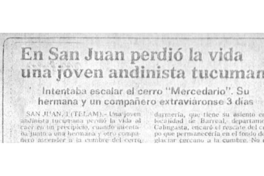 Así contó La Gaceta de Tucumán la desaparición de la andinista en San Juan.