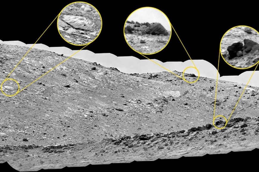 Curiosity usó su instrumento ChemCam para ver Gediz Vallis Ridge, detectando rocas que se cree que fueron arrastradas por un antiguo flujo de escombros. Una de las razones por las que los científicos están interesados ??en esta cresta es porque incluye rocas como estas, que se originaron mucho más arriba en Mount Sharp, donde Curiosity no podrá llegar. Créditos: NASA/JPL-Caltech/LANL/CNES/CNRS/IRAP/IAS/LPG