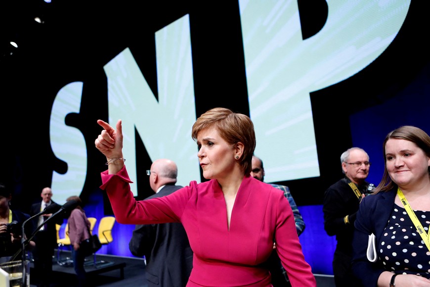 FILE PHOTO: Scotland's First Minister Nicola Sturgeon reacts with the delegates following her speech at the SNP autumn conference in Aberdeen, Scotland, Britain October 15, 2019. REUTERS/Russell Cheyne/File Photo