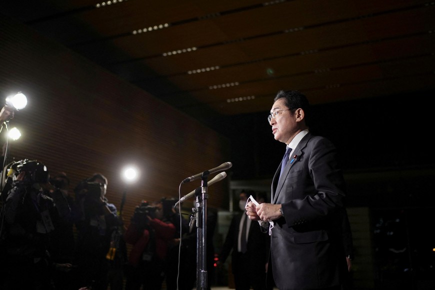 Japan's  Prime Minister Fumio Kishida speaks to media at his officvial residence after North Korea fired a ballistic missile earlier in the day, in Tokyo,  February 18, 2023, in this photo taken by Kyodo.  Mandatory credit Kyodo via REUTERS ATTENTION EDITORS - THIS IMAGE WAS PROVIDED BY A THIRD PARTY. MANDATORY CREDIT. JAPAN OUT. NO COMMERCIAL OR EDITORIAL SALES IN JAPAN
