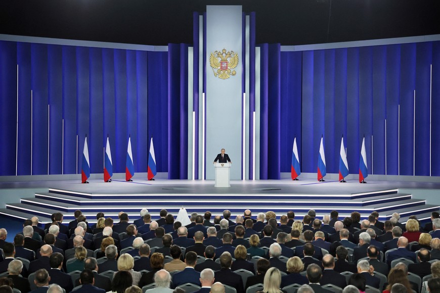 Russian President Vladimir Putin delivers his annual address to the Federal Assembly in Moscow, Russia February 21, 2023. Sputnik/Sergei Savostyanov/Pool via REUTERS ATTENTION EDITORS - THIS IMAGE WAS PROVIDED BY A THIRD PARTY.